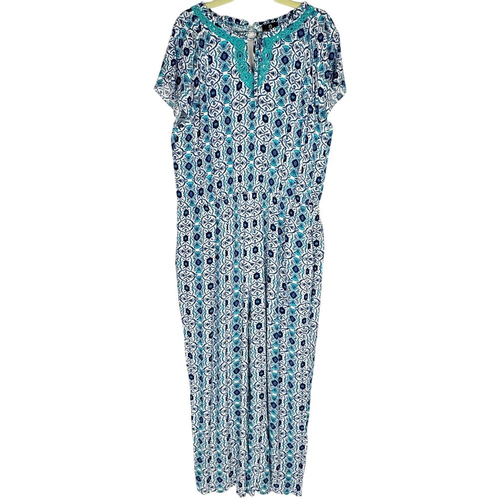 Curations Blue Boho Floral Lightweight Gauze Short Sleeve‎ Summer Jumpsuit Sz XL
